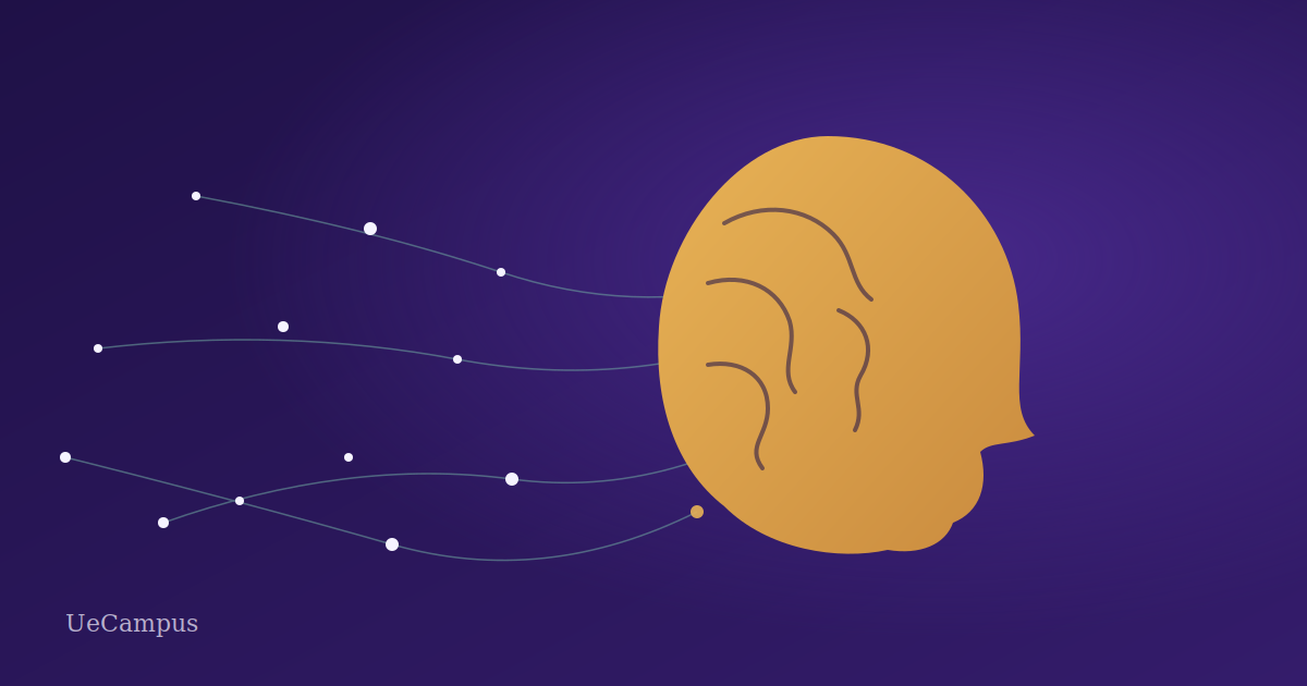 Abstract illustration of a head in profile made from warm gold layered shapes with brain-fold lines, connected to a network of nodes and lines on a deep violet background, symbolising psychology and online learning.