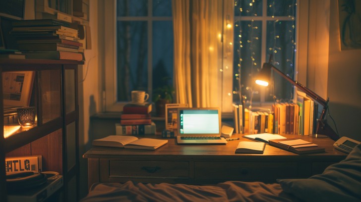 A laptop, notebook and coffee on a desk at night with a recorded lecture on screen